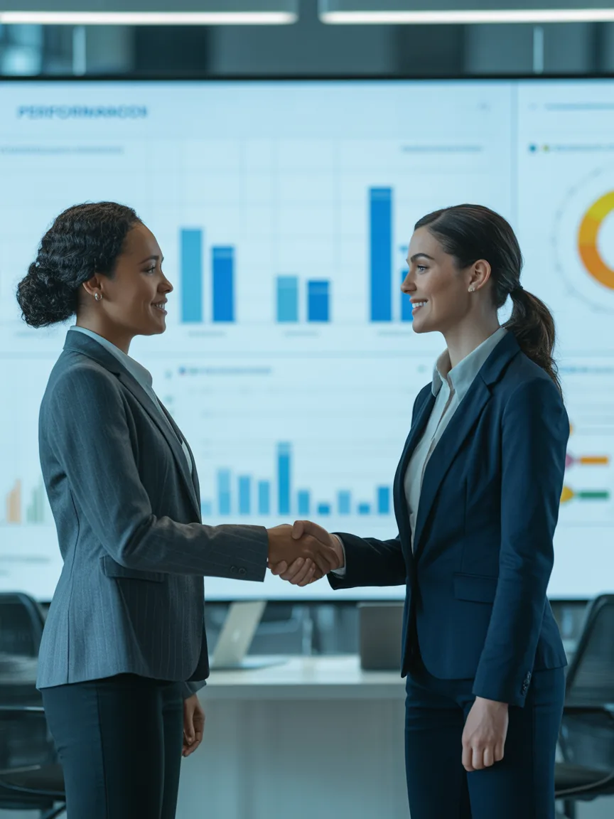 Two executives shaking hands over procurement performance data